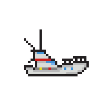 Fishing boat pixel art vector illustration. Isolated on white background.のイラスト素材