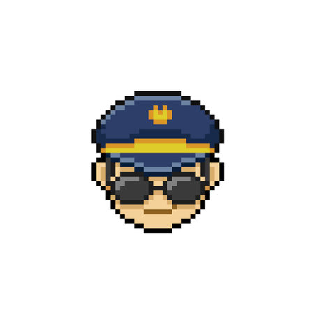 Vector pixel art police officer in sunglasses and cap isolated on white backgroundのイラスト素材