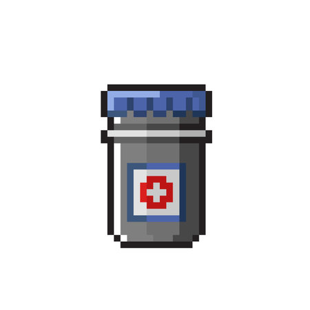 pixel art medicine bottle icon vector illustration design graphic flat style blue redのイラスト素材