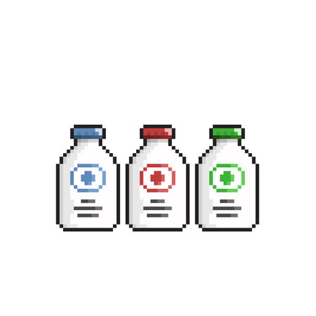 pixel art three bottles of health medicine vector illustration isolated on white backgroundのイラスト素材