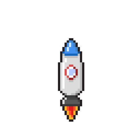 Rocket pixel art icon isolated on white background. 8 bit retro space rocket vector illustration.のイラスト素材