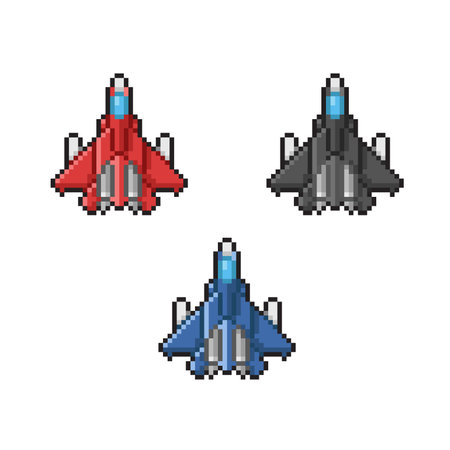 Set of pixel art jet fighter. Isolated on white background.のイラスト素材