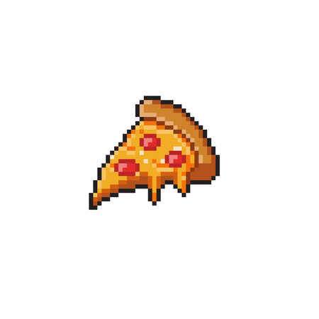 Pixel art pizza slice isolated on white background. Vector illustration in retro style.のイラスト素材