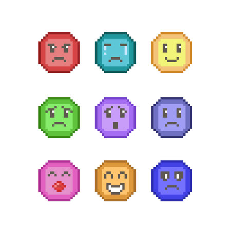 Set of pixel art emoticons with different emotions isolated on white backgroundのイラスト素材
