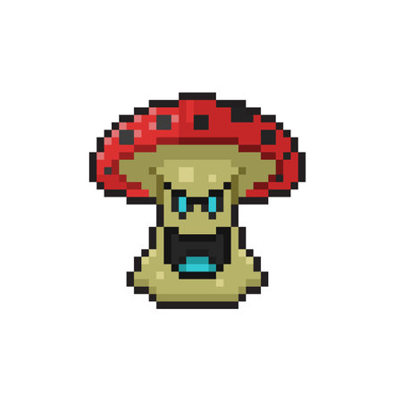 Fantasy mushroom with laugh face in pixel art style. Vector illustrationのイラスト素材