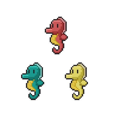 Set of pixel art seahorse. Vector illustrationのイラスト素材