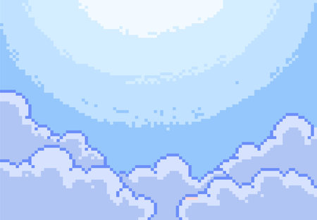 Retro pixel art illustration of a blue sky with clouds and sunのイラスト素材
