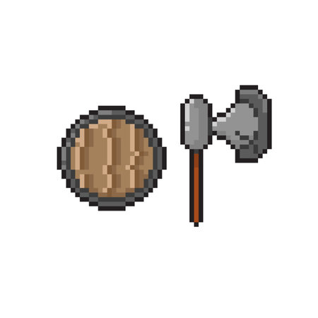 Pixel art illustration of an ax and a wooden shield. Pixel art vector illustration.のイラスト素材