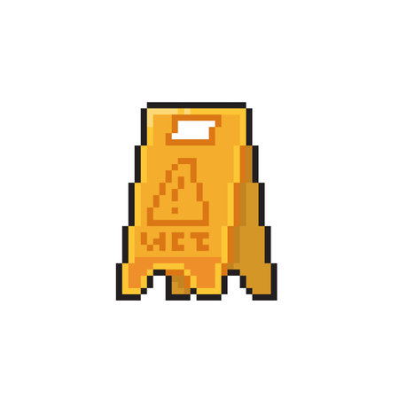 Pixel art pixelated orange warning sign. Vector illustration isolated on white background.のイラスト素材