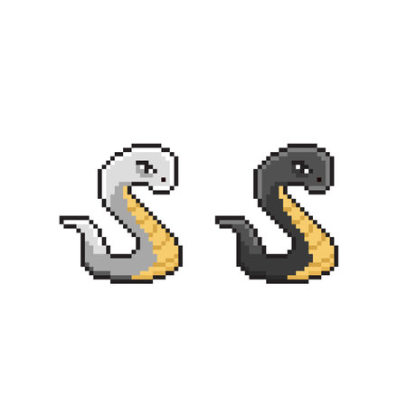 Pixel art snake icons set. Isolated on white background. Vector illustration.のイラスト素材