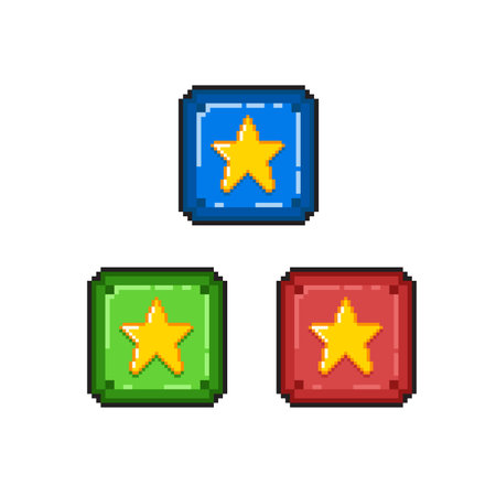 Set of pixel game icons. Red, blue, green, yellow stars on squares.のイラスト素材