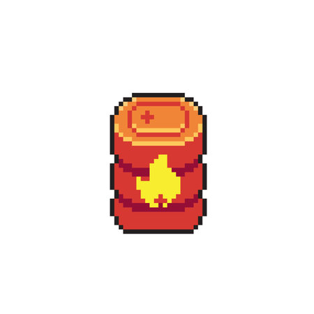 gasoline drum with fire sign in pixel art styleのイラスト素材