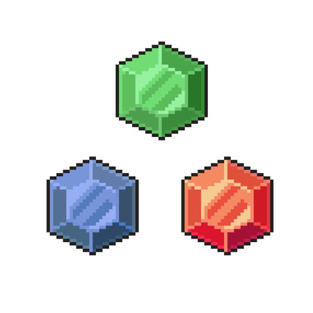 Set of 8 colorful pixel art cubes isolated on white background. Vector illustration.のイラスト素材