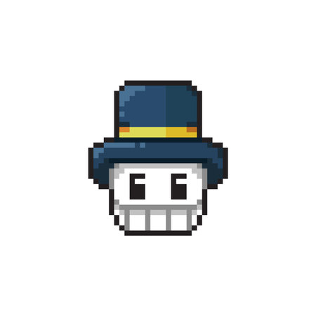 Pixel art skull with top hat. Vector illustration isolated on white background.のイラスト素材