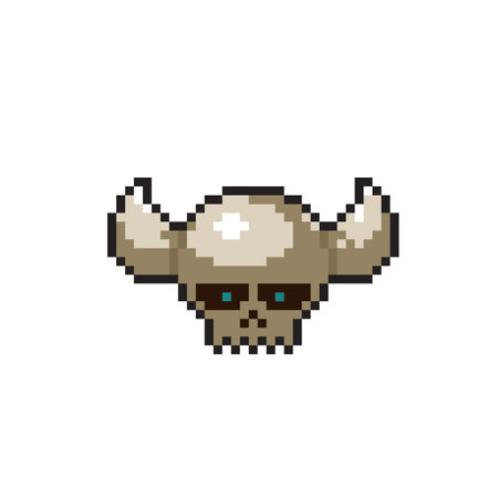 Pixel skull head. 8 bit icon. Vector illustration isolated on white background.のイラスト素材