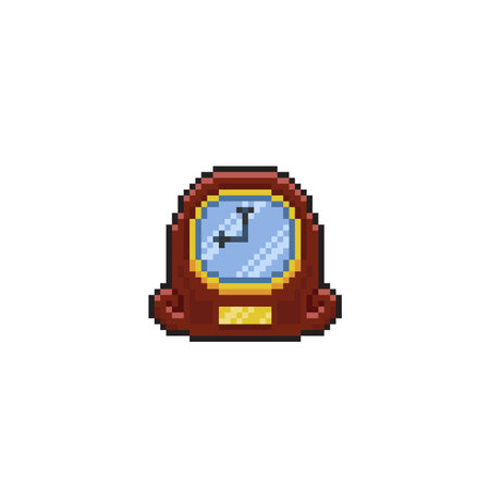 Retro table clock pixel art isolated on white background. 8 bit video game icon.のイラスト素材