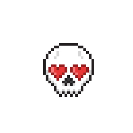 Pixel skull with heart eyes isolated on white background. 8 bit vector illustration.のイラスト素材