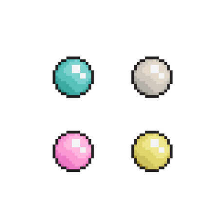 Set of 8 colorful pixel art shiny ball. Vector illustration isolated on white background.のイラスト素材