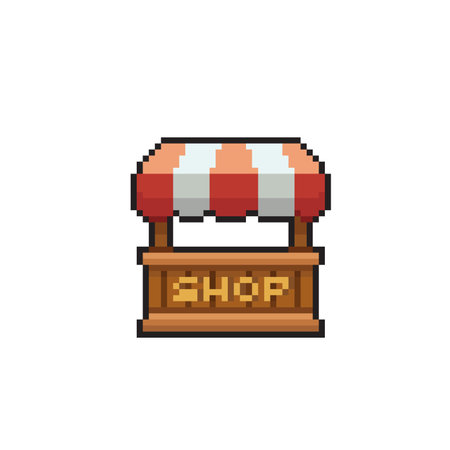 Pixel art store icon. Vector illustration of a pixelated shop.のイラスト素材