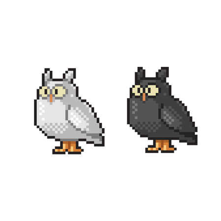 black and white owl in pixel art styleのイラスト素材