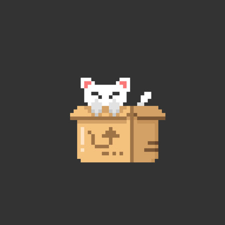 white cat in the cardboard box in pixel art styleのイラスト素材