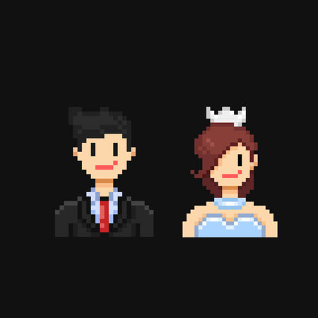 grooms and brides in pixel art styleのイラスト素材