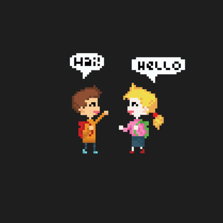 girl and boy greetings interaction in pixel art styleのイラスト素材