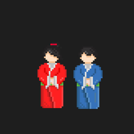 waiter and waitress wearing kimono in pixel art styleのイラスト素材