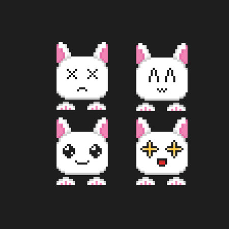 bunny head collection set with different face in pixel art styleのイラスト素材