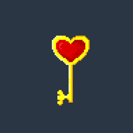 golden key with love shape in pixel art styleのイラスト素材