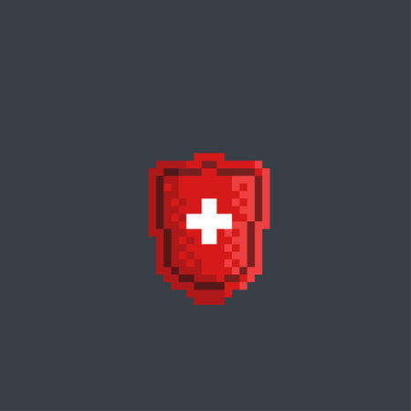 red shield with plus sign in pixel art styleのイラスト素材