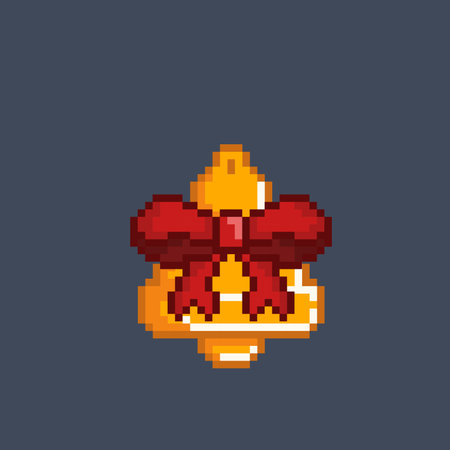 golden bell with red ribbon in pixel art styleのイラスト素材