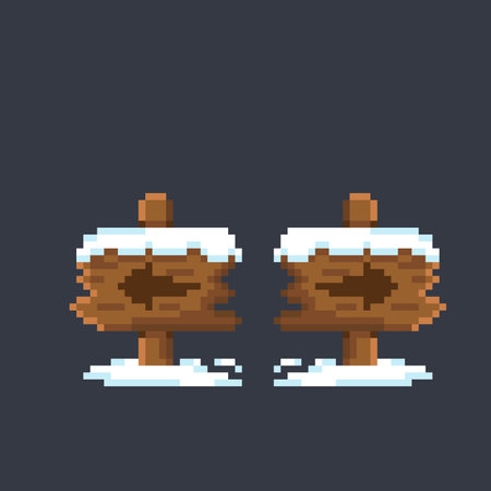 wooden direction sign in winter season with pixel art styleのイラスト素材