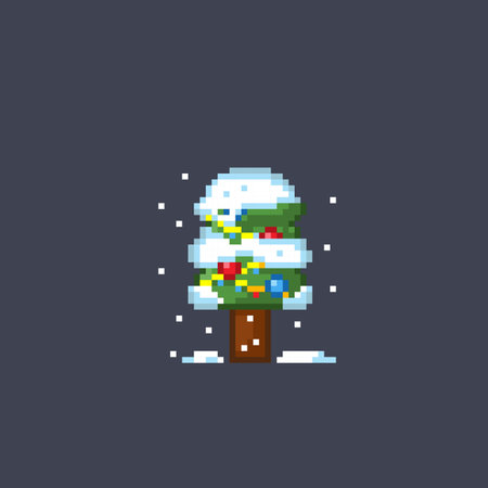 christmas tree with snow season in pixel art styleのイラスト素材