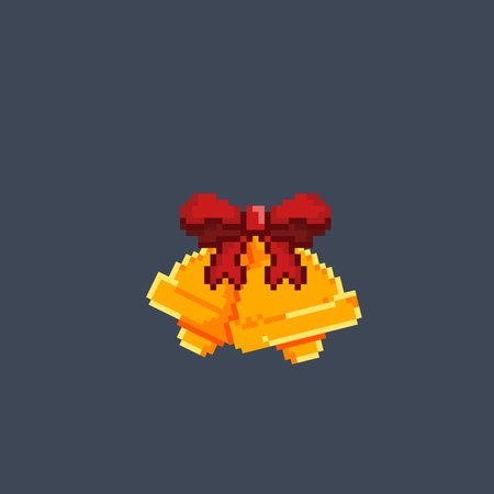 two golden bell with ribbon in pixel art style