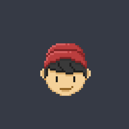 Pixel art boy face. Vector illustration of a boy with a red cap on his head.のイラスト素材