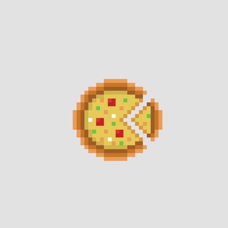 Pixel art pizza icon isolated on grey background. Fast food vector illustration.