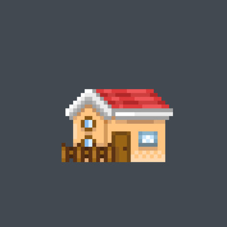 Pixel art house. Pixelated house with red roof and wooden door.のイラスト素材