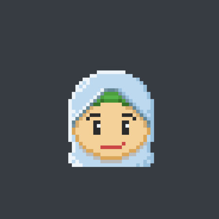 Pixel art girl face isolated on dark background. 8 bit female character.