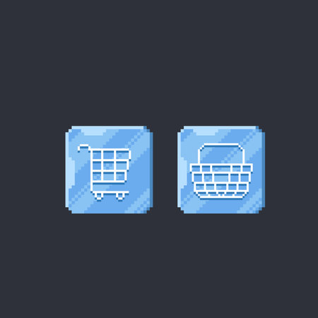 Pixel art shopping cart and basket icons. Pixelated icons for web design.のイラスト素材