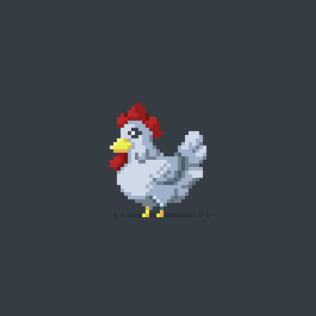 Pixel art chicken isolated on dark background. Vector illustration in a flat styleのイラスト素材