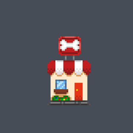 Pixel art shop building with awning and awning.のイラスト素材
