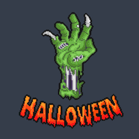 Halloween pixel art zombie hand. Vector illustration isolated on dark background.のイラスト素材