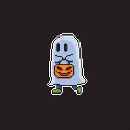 Pixel art ghost with halloween pumpkin isolated on black background.のイラスト素材