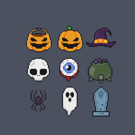 Set of pixel art icons for halloween. Vector illustration.のイラスト素材