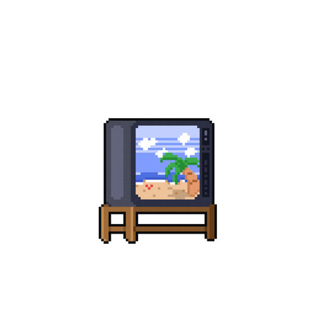 television with beach view in pixel art styleのイラスト素材