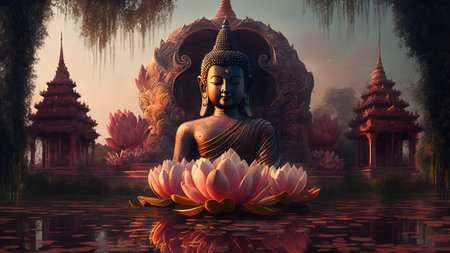 Buddha statue with lotus flower and temple background, Thailandの素材