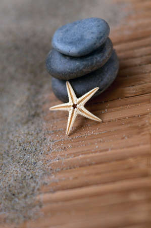 Macro shot starfish stones sand and a bamboo matの写真素材