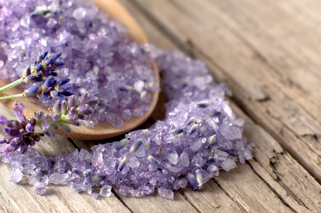 Bath salt with fresh lavender on Weathered Woodの写真素材