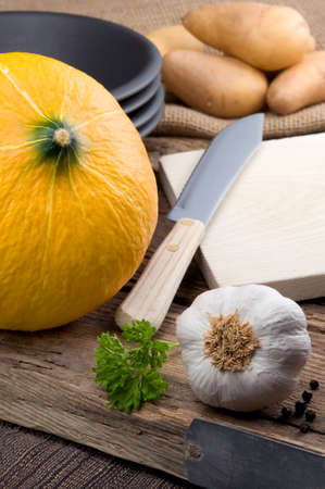 Preparation of a ripe pumpkin and other vegetablesの写真素材